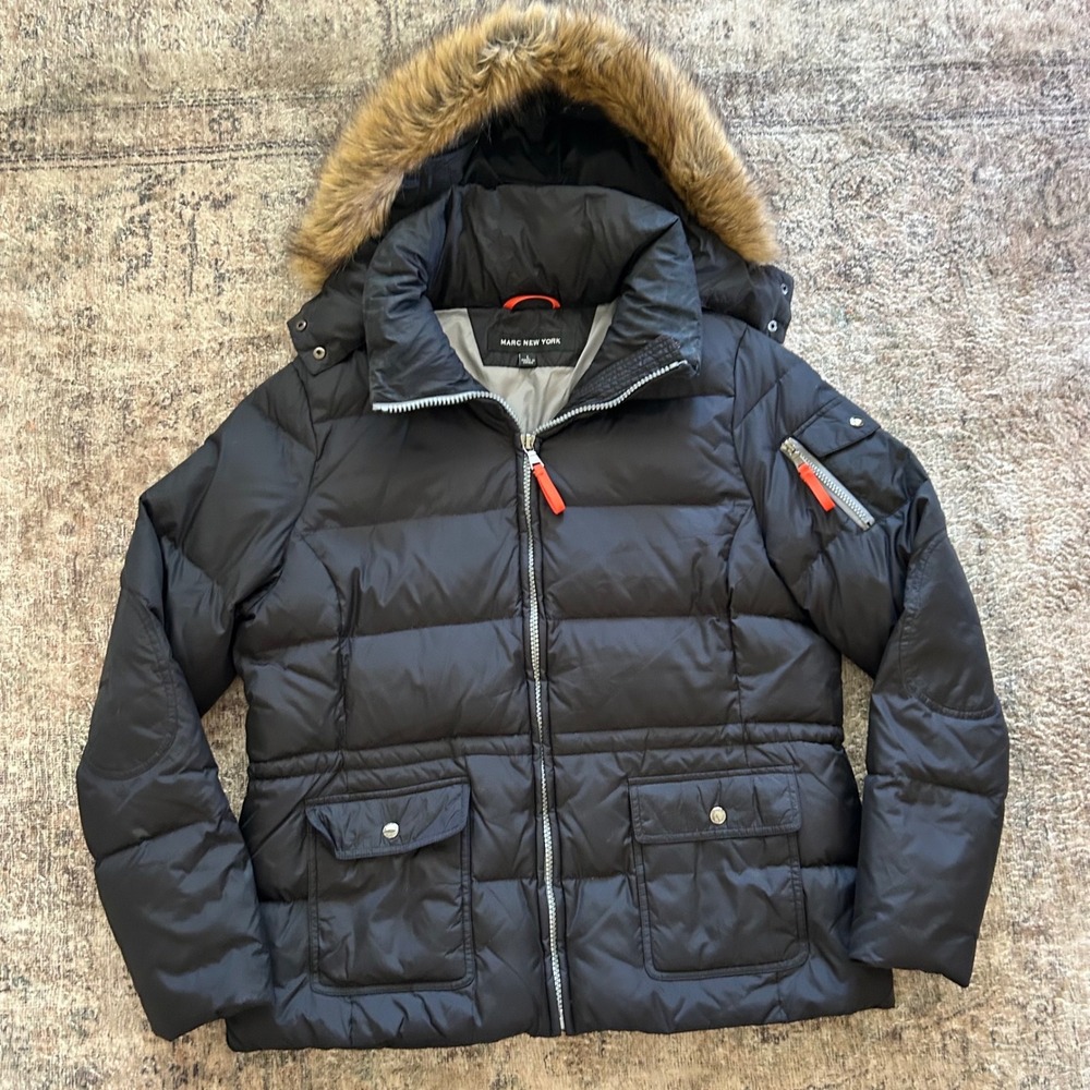 Marc New York Down Puffer Jacket Women Large Black Excellent Faux Fur Trim Hood